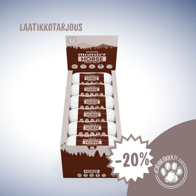 Monster Treenimakkara Hevonen 12 × 400 g – laatikkotarjous